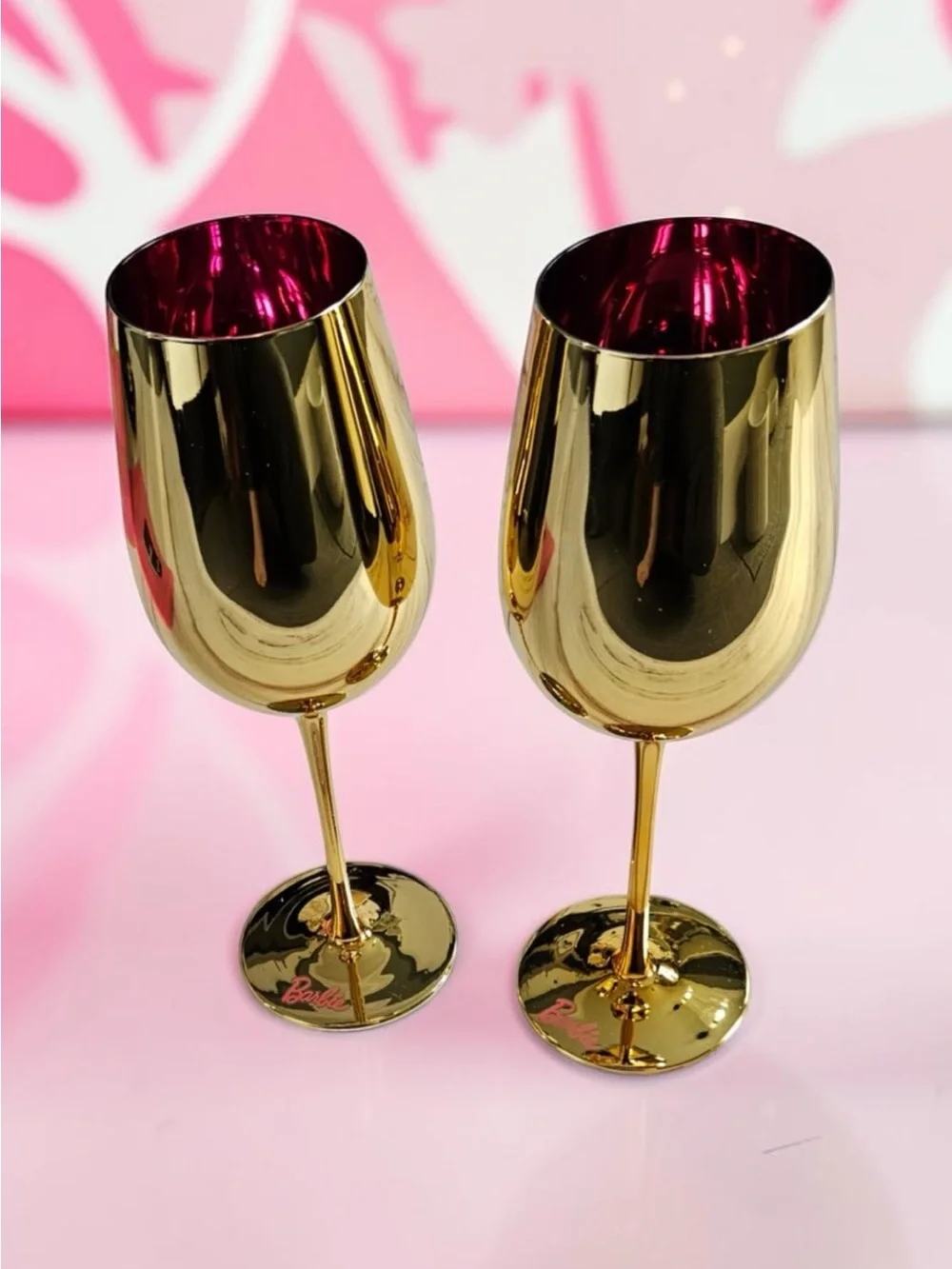 Barbie Dreamhouse 60th Gold & Pink Stemmed Wine Glasses Pair